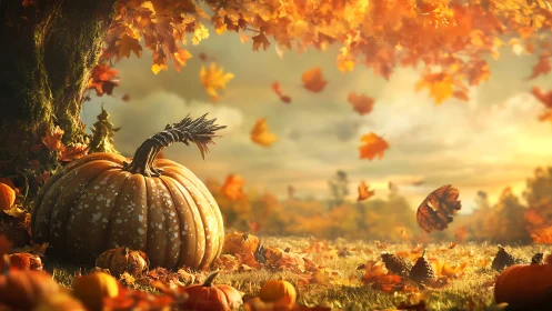 Large pumpkin lies under autumn tree among falling leaves