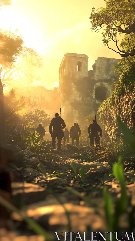 Armed soldiers advance toward sunlit jungle ruins at dawn.