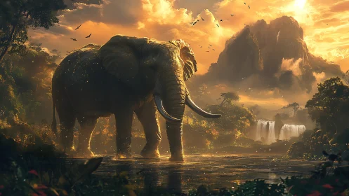 Elephant stands in shallow river before mountains at sunset