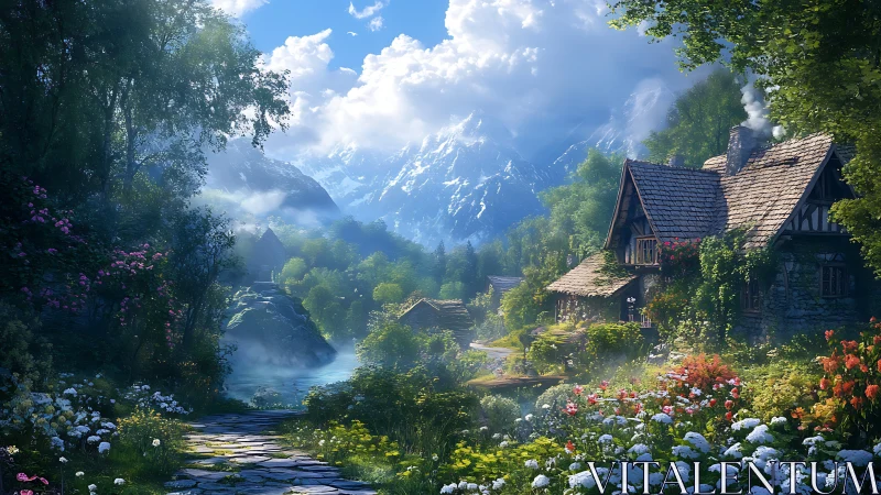 Mountain village cottages stand amid dense flowering gardens