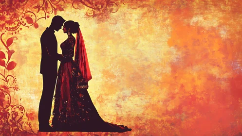 Silhouetted couple in traditional attire on textured backdrop.