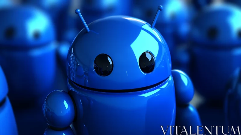 Blue glossy robot figure among similar blurred forms.