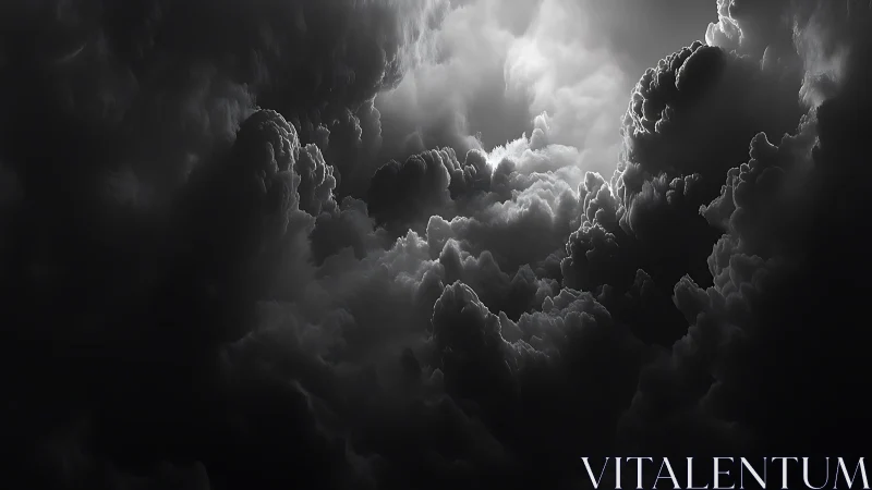 Dense storm clouds form layered, high contrast formations