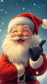 Joyful cartoon Santa Claus in snowy winter scene.