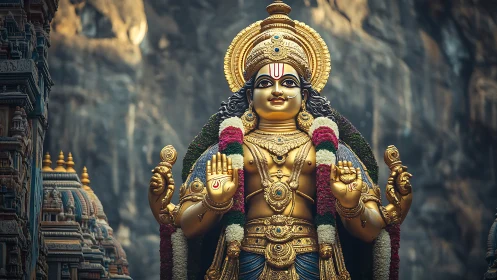 Photorealistic golden deity statue with temple architecture focus.