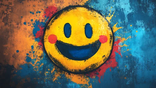 Bold grunge smiley face over blue orange paint splashes.