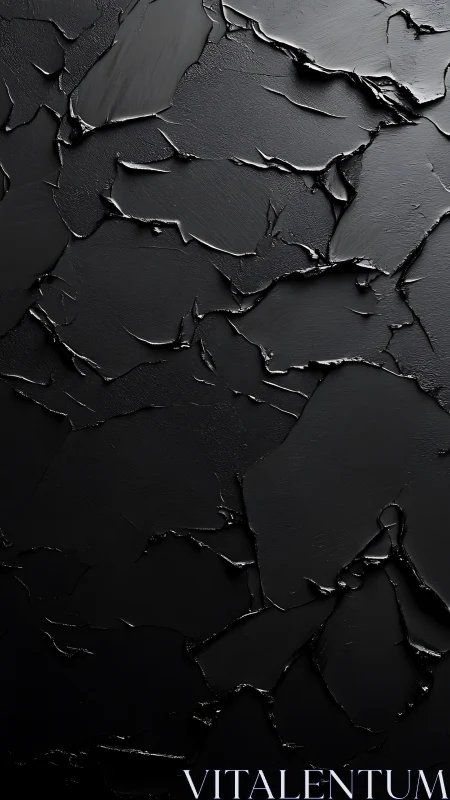 Macroscopic black impasto strata with reflective micro-sheens.