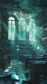 Sunlit pages escape an abandoned, dream-drowned library