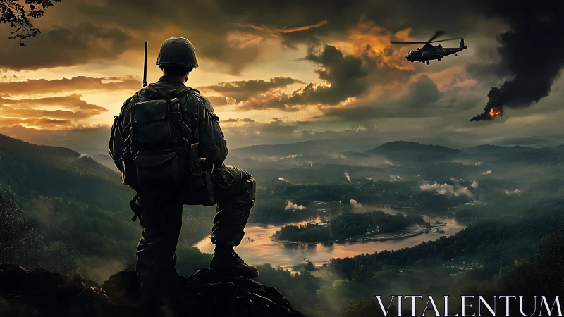 Combat lookout soldier observing valley air assault at dusk