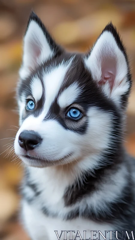 Blue-eyed husky puppy portrait in soft autumn bokeh.