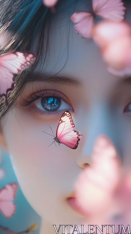 Soft pink butterflies rest gently by a dreamy blue gaze