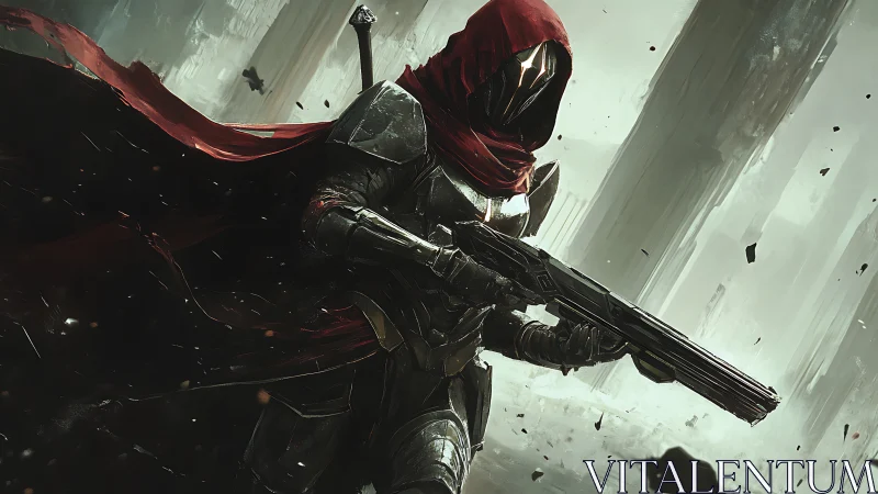 Armored figure carries rifle in wind-swept architectural void