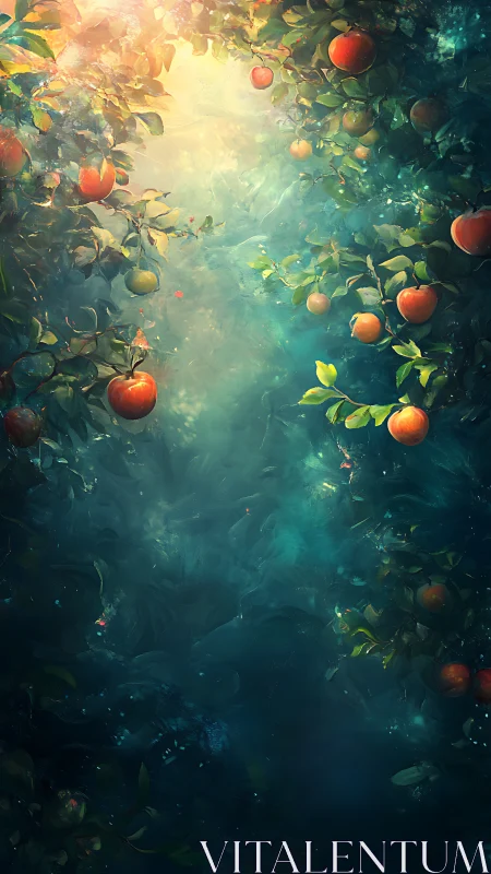 Luminous orchard corridor with glowing suspended apples.