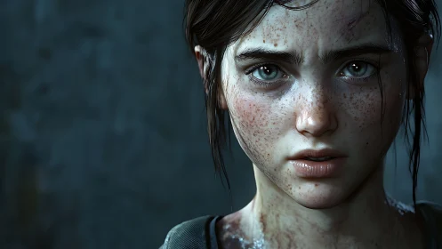 Weathered girl’s freckled stare carved in digital resolve.