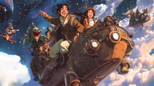 Group on retro flying vessel traveling through cloudy sky.