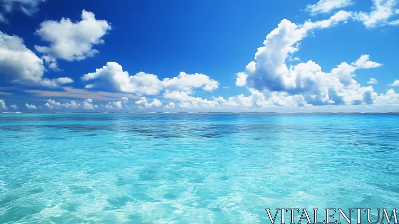 Calm tropical ocean horizon under bright blue sky.
