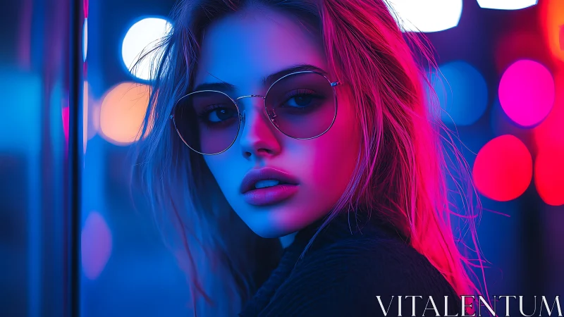 Neon city portrait glows with bold magenta and blue light.