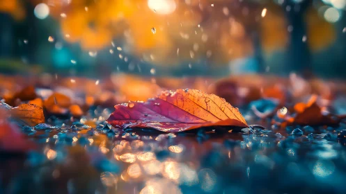 Wet autumn leaf on reflective ground under rainfall.