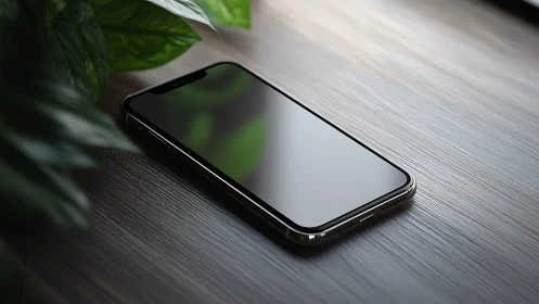 Smartphone on wooden surface with green plant foliage