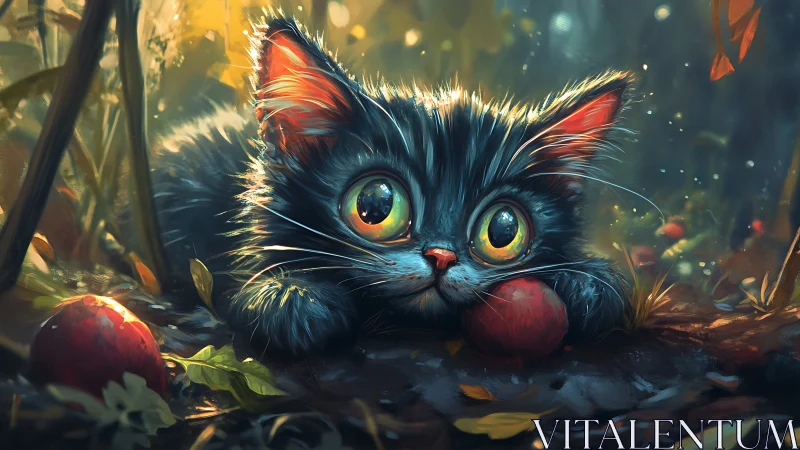 Black Cat with Golden Eyes in Autumn Forest.