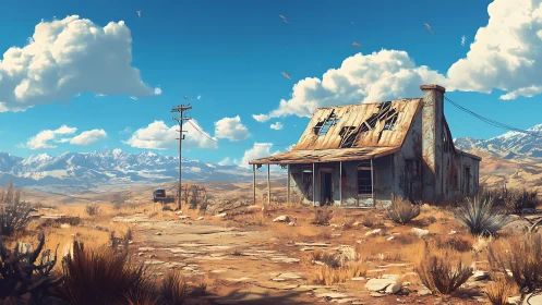 Digital painting of derelict desert house with mountain backdrop.