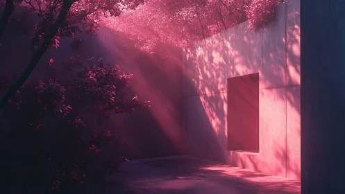 Rectangular concrete courtyard with magenta filtered sunlight.
