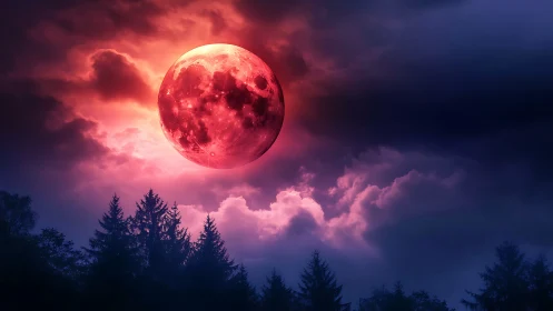 Crimson supermoon rises above dark forest under stormy sky