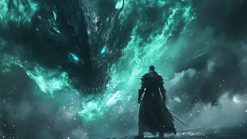 Lone dark knight confronts colossal spectral dragon in mist