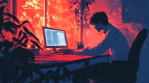 Late-night coder bathed in glowing sunset neon hues.