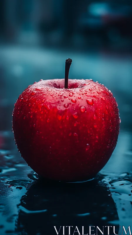 Macro closeup of dewy red apple on wet reflective surface outdoors