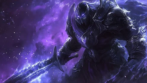 Armored void knight wields glowing greatsword in turbulent nebula
