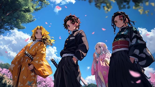Anime youths in kimonos under blue spring sky.