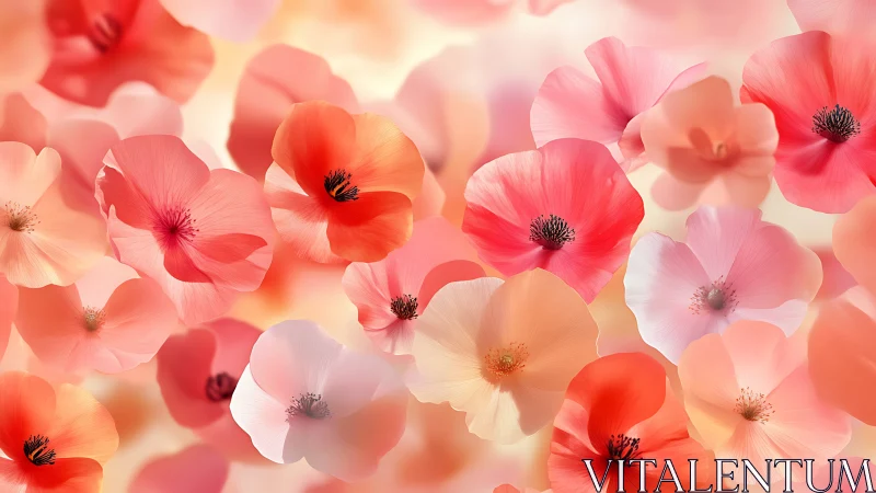 Soft pink poppy flowers bloom in dreamy bokeh composition