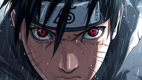 Intense ninja portrait under driving rain, red eyes stare