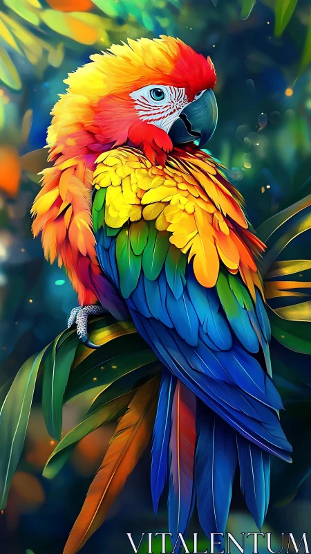 Scarlet macaw on foliage in stylized tropical setting.