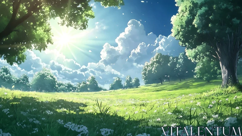 Sunlit meadow with trees under bright summer sky.