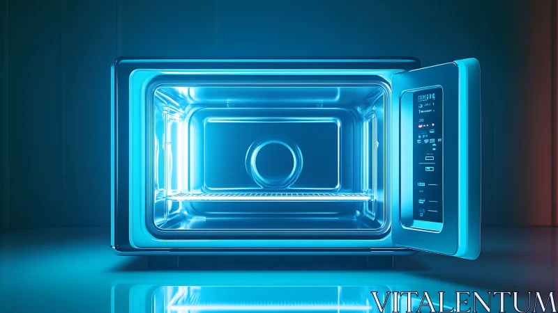 Futuristic blue smart oven glows with clean modern light