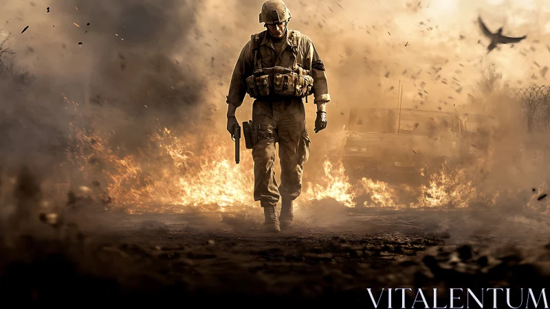 Lone soldier strides forward through firelit battlefield haze