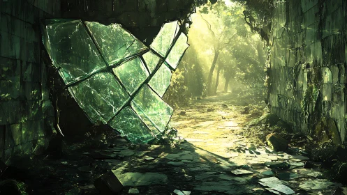 Sunlit forest path opens gently beyond shattered glass walls