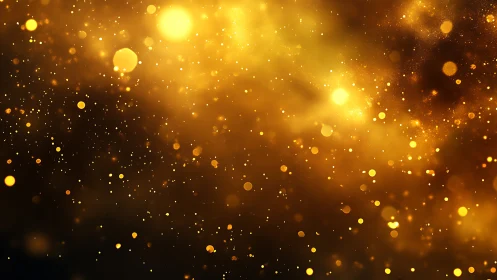 Golden bokeh dust particles on dark glowing background.