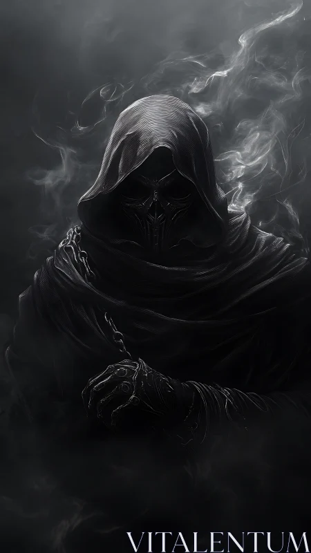 Mysterious hooded figure emerging from swirling silver smoke.