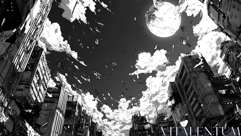 Moonlit urban canyon under swirling fragmented sky.