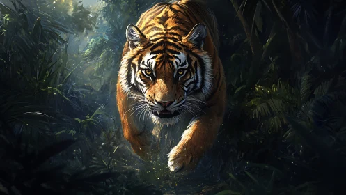 Tiger charges forward through dense, shadowed rainforest