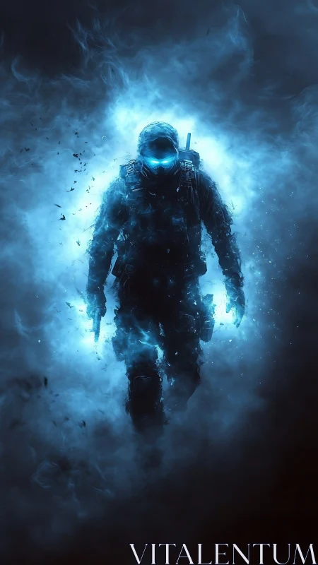 Ghostlit operative strides through shattering blue starlight haze
