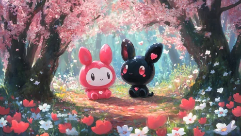 Bunny buddies share quiet magic under candy-pink blossoms.