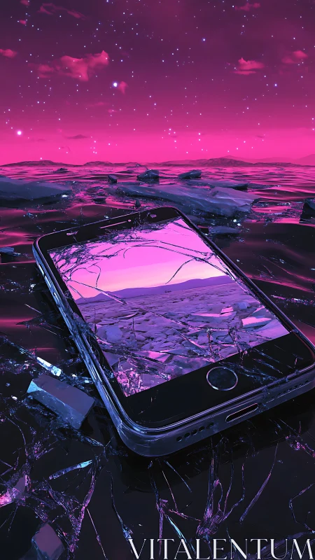 Shattered neon seascape glowing through a broken smartphone screen.