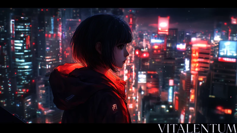 Solitary cyberpunk girl overlooking neon-soaked megacity.