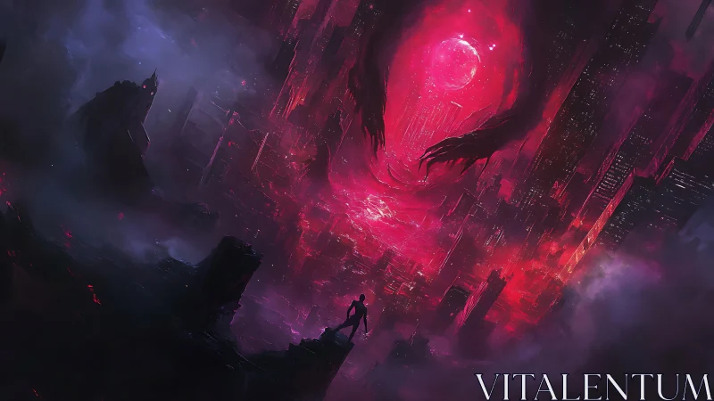 Concept art of void-wreathed metropolis with lone hero silhouette.