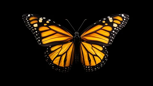 Monarch butterfly wings glow against deep black background.