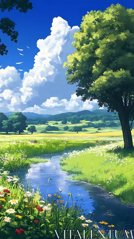 Sunlit river meadow under towering summer clouds.